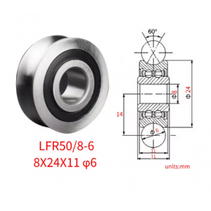 HS6353 LFR Series Rail Roller Bearing LFR50/8-6 Inner Diameter 8mm Outer Diameter 24mm Height 11mm U Groove Diameter 6mm 8*24*11