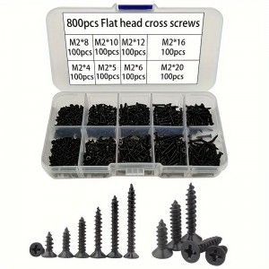 HS6630 800pcs M2 Black Phillips Self Tapping Screw Assortment Kit, Locking Screws And Wood Screws