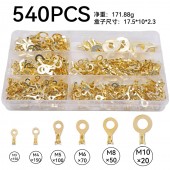 HS6668 150pcs/300pcs/450pcs/540pcs Ring Lugs Eyes Copper Crimp Terminals Cable Round Lugs Wire Connector Non-insulated Assortment Kit